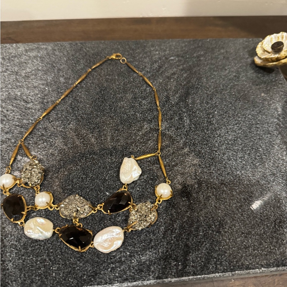 Gold Necklace with Purple Stones,Pearls and Druzy Accents by Banana Republic